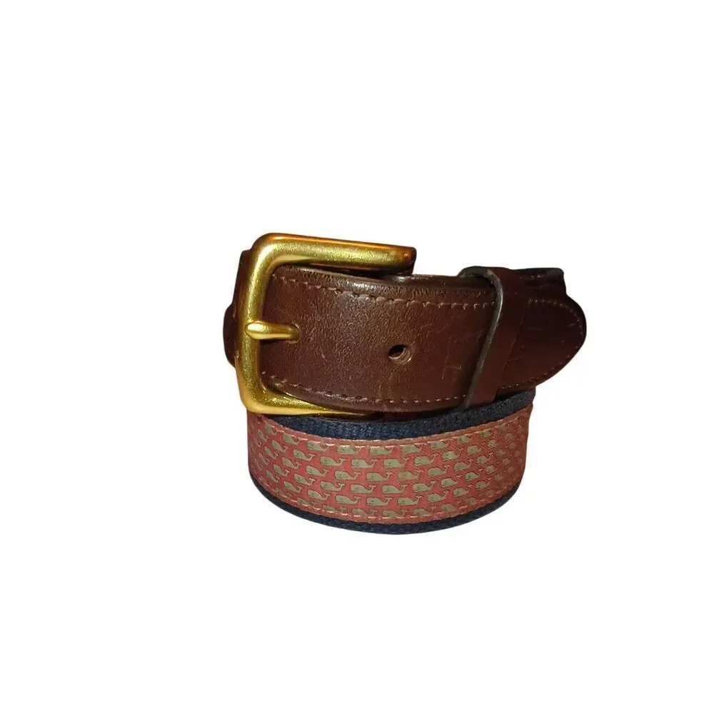 Vineyard Vines Men's Preppy Pink Whale Print Canvas & Leather Club Belt Size 32